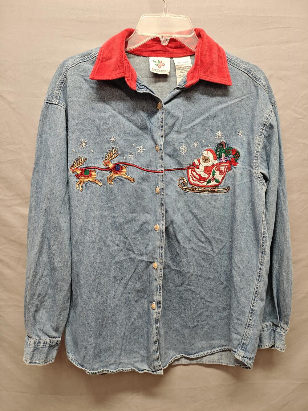 NutCracker Shirt Womens Small Blue Denim Embroidered Santa Reindeer Christmas
